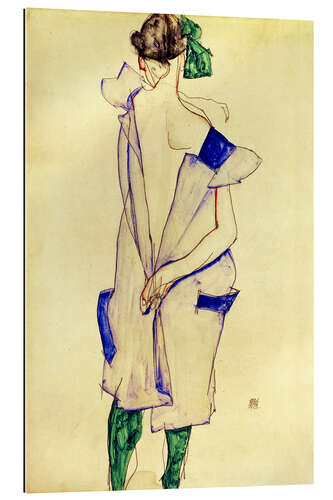 Gallery print Standing girl in blue dress and green stockings, back view, 1913