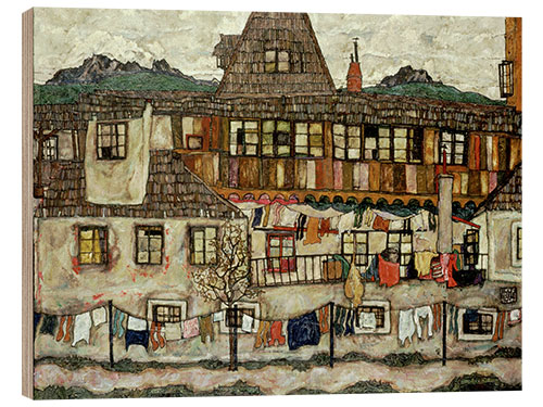 Holzbild Haus mit trocknender Wäsche, 1917