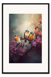 Gerahmter Kunstdruck Vögel mit rosa Blüten