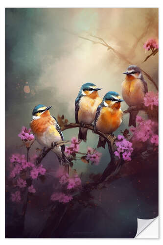 Sticker mural Birds with Pink Flowers