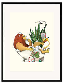 Gerahmter Kunstdruck Löwe in der Wanne