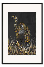 Gerahmter Kunstdruck Goldjaguar im schwarzen Gras