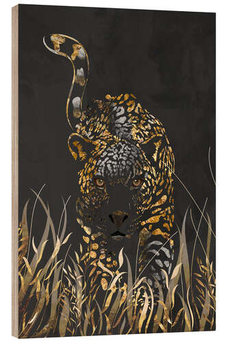 Wood print Gold Jaguar in the Black Grass