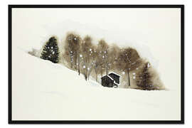 Gerahmter Kunstdruck Skipiste mit Holzhütten