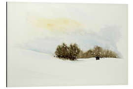 Aluminiumtavla Winter landscape with birds and cabin