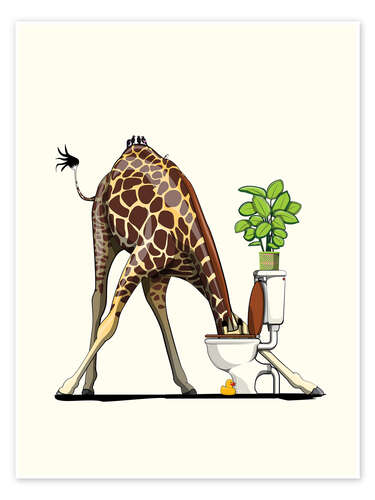 Poster Giraffe Drinking from Toilet