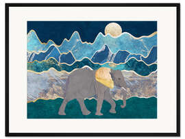 Gerahmter Kunstdruck Elefantenspaziergang bei Mondlicht