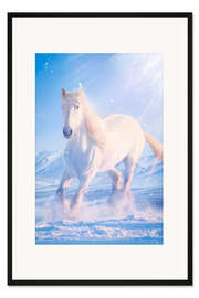 Gerahmter Kunstdruck Weißes Pferd galoppiert durch den Schnee