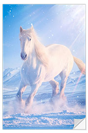 Selvklebende plakat White horse gallops through the snow