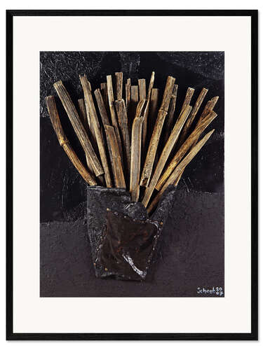 Ingelijste kunstdruk French fries - Material Collage With Wooden Sticks