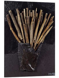 Magnettafel Pommes - Materialcollage mit Holzstöcken