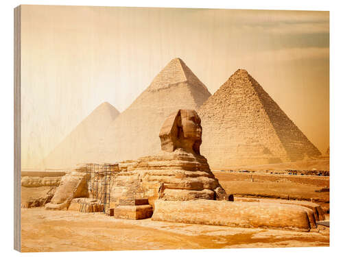 Holzbild Sphinx und Pyramiden in der ägyptischen Wüste