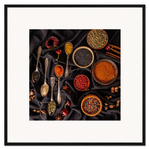 Impression artistique encadrée Still Life of Spices with Spoons and Bowls