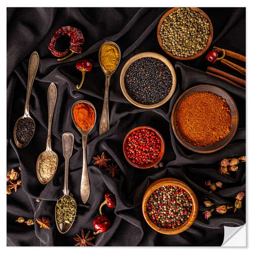 Muursticker Still Life of Spices with Spoons and Bowls