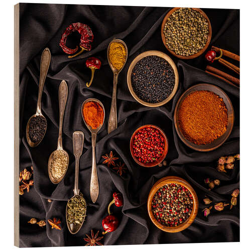 Quadro de madeira Still Life of Spices with Spoons and Bowls