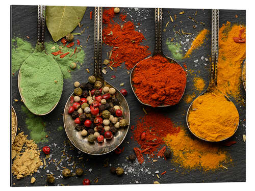 Aluminium print Colorful spices on antique spoons