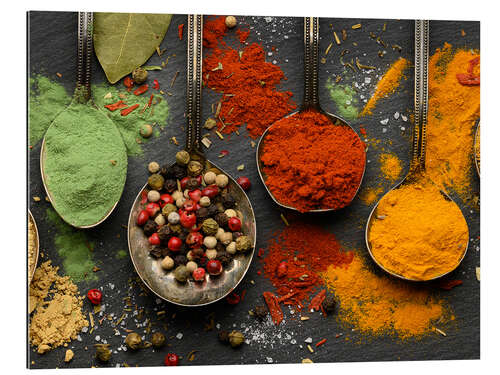 Tableau en plexi-alu Colorful spices on antique spoons