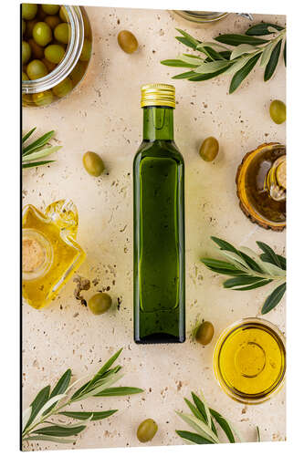 Aluminium print Glass Bottle With Olive Oil, Leaves and Olives