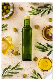 Naklejka na ścianę Glass Bottle With Olive Oil, Leaves and Olives