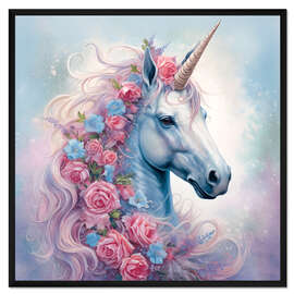Gerahmter Kunstdruck Hübsches Einhorn mit Rosenmähne