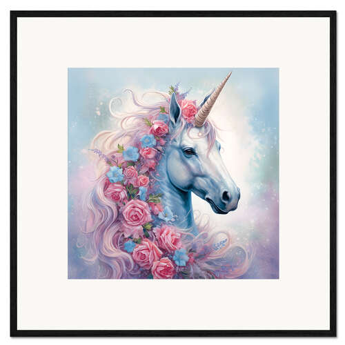 Ingelijste kunstdruk Pretty Unicorn With Rose Mane