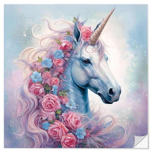 Wandsticker Hübsches Einhorn mit Rosenmähne