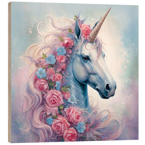 Wood print Pretty Unicorn With Rose Mane