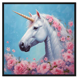 Gerahmter Kunstdruck Einhorn mit Rosen