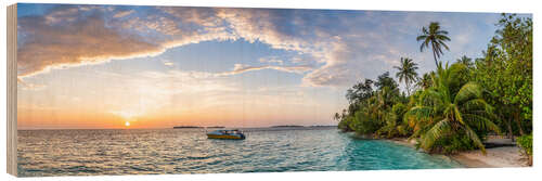Tableau en bois Sunset on the Beach in Maldives