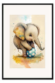 Gerahmter Kunstdruck Süßer Fußballer-Elefant