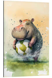 Tableau en aluminium Cute Soccer Player Hippo