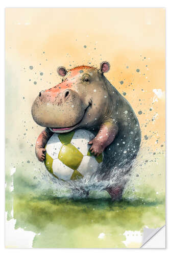 Självhäftande poster Cute Soccer Player Hippo