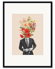 Ingelijste kunstdruk Suit and red flowers