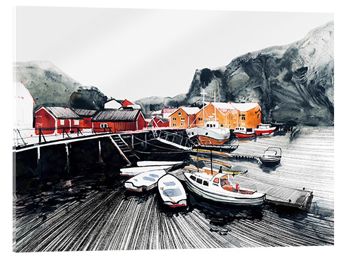 Acrylglas print Boats and red wooden houses in Lofoten