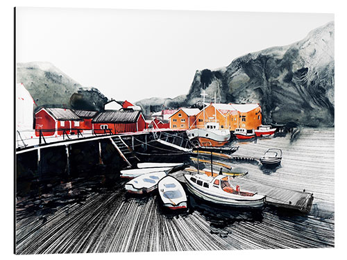 Aluminium print Boats and red wooden houses in Lofoten