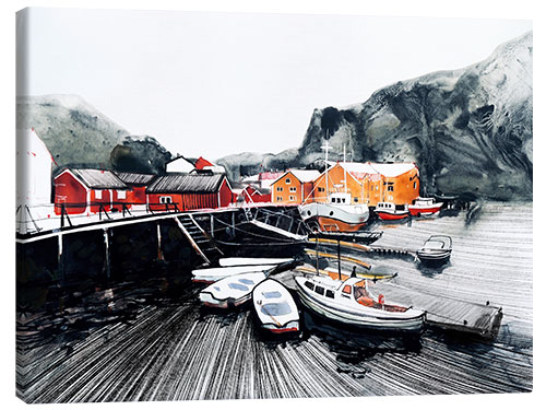 Obraz na płótnie Boats and red wooden houses in Lofoten