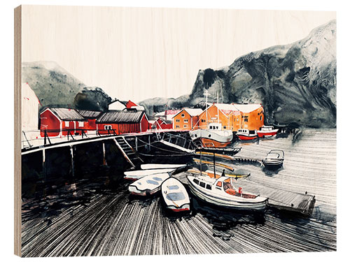 Puutaulu Boats and red wooden houses in Lofoten