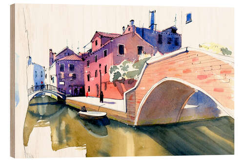 Wood print Venice canal with boat and bridge