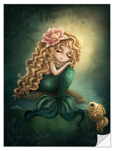 Selvklebende plakat Cute Mermaid and Golden Fish