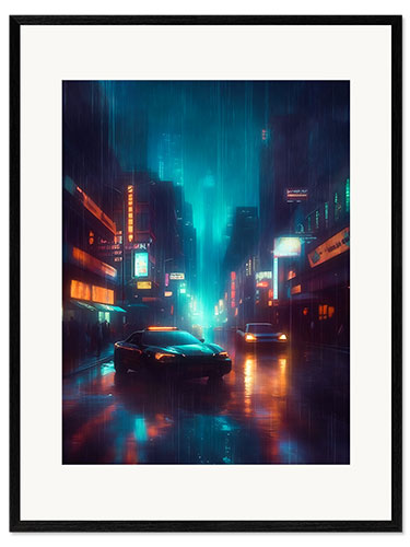Innrammet kunsttrykk Neon-Lit Cyber Road