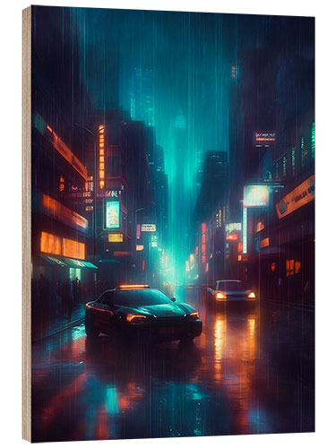 Wood print Neon-Lit Cyber Road