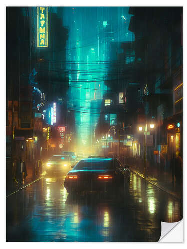 Selvklebende plakat Neon Cyberpunk Alley