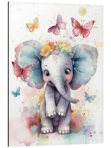 Tableau en aluminium Cute Baby Elephant with Butterflies