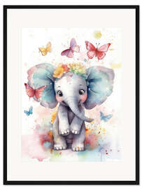 Gerahmter Kunstdruck Niedlicher Babyelefant mit Schmetterlingen