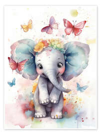 Poster  Cute Baby Elephant with Butterflies - Dolphins DreamDesign