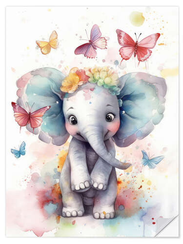 Autocolante decorativo Cute Baby Elephant with Butterflies