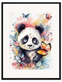 Gerahmter Kunstdruck Kleiner Panda im Schmetterlingsgarten