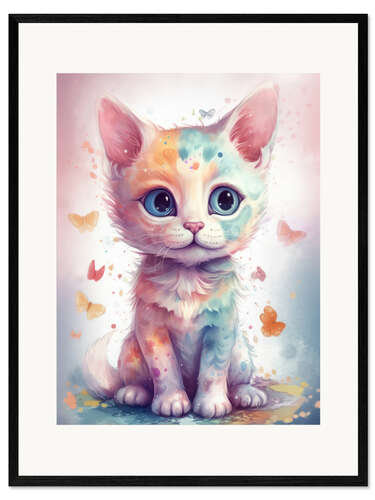 Ingelijste kunstdruk Cute Kitten with Butterflies