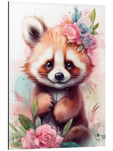 Aluminium print Little Red Panda with Flowers