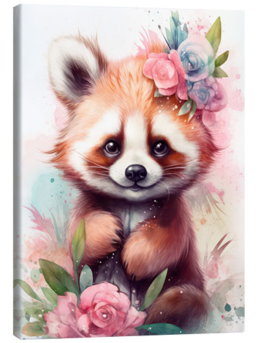 Tableau sur toile Little Red Panda with Flowers